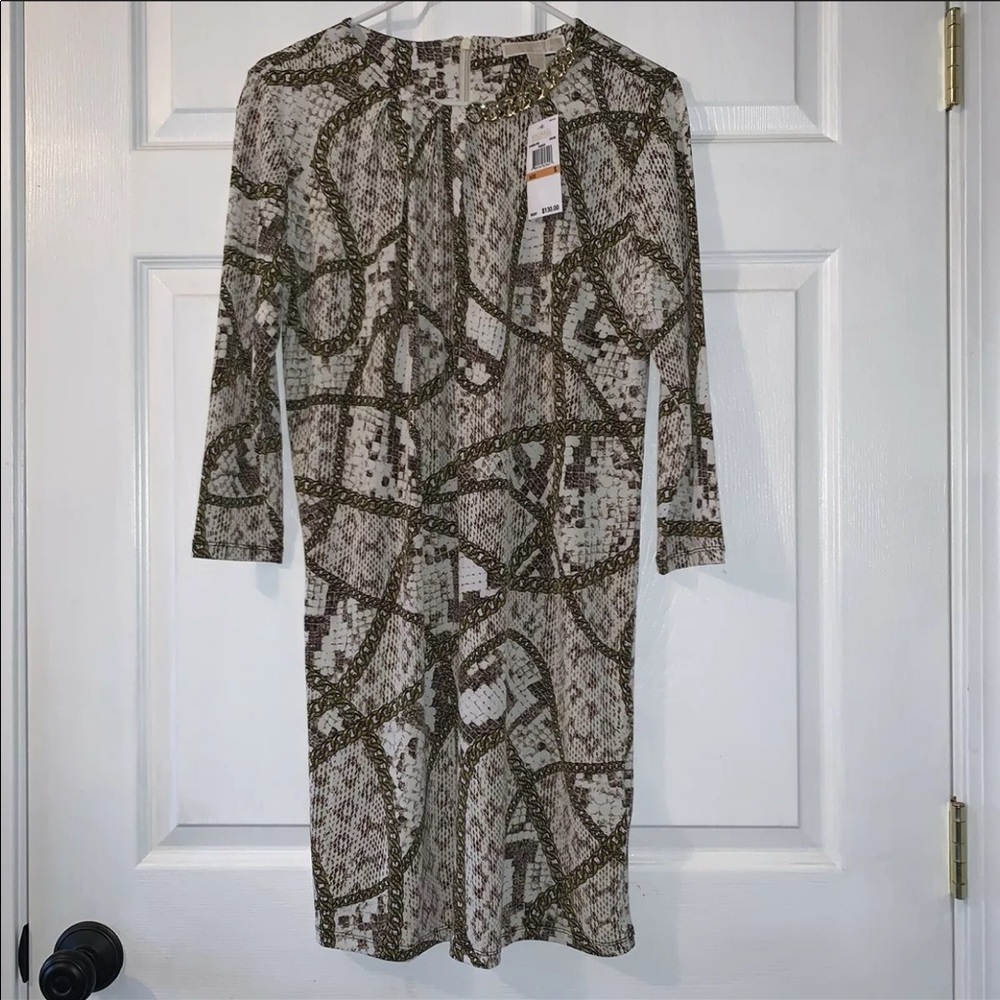 MICHAEL KORS Cream Brown Gold Snake Chain Dress S